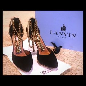 Authentic Lanvin black suede w/chain ankle wrap